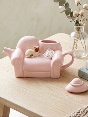 Vintage "Cat On Couch" Pink Ceramic Couch Teapot with Cat Accent